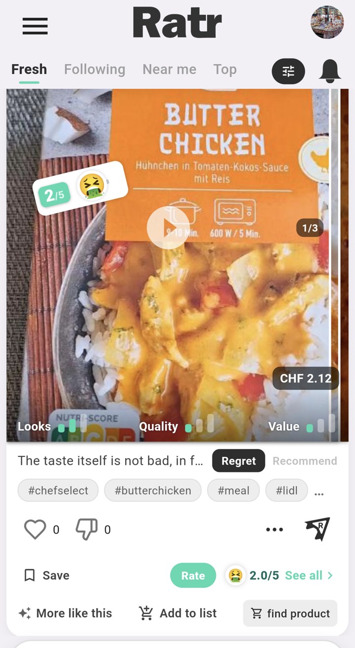 A ready meal rated on Ratr