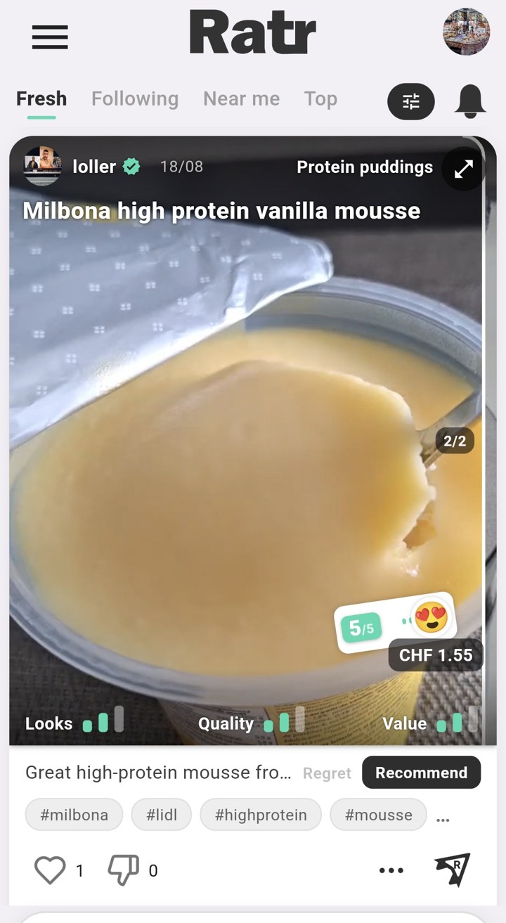 A vanilla protein mousse shown inside out on Ratr